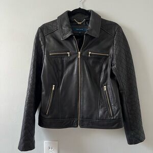 Cole Haan Lambskin Leather Zip-Up Jacket Women’s Medium -Black, Gold Hardware